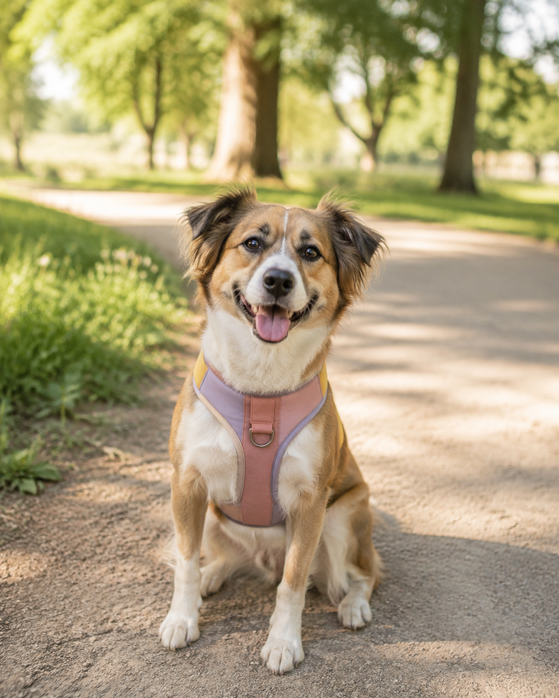 Happy dog wearing a colorful harness in a sunny park