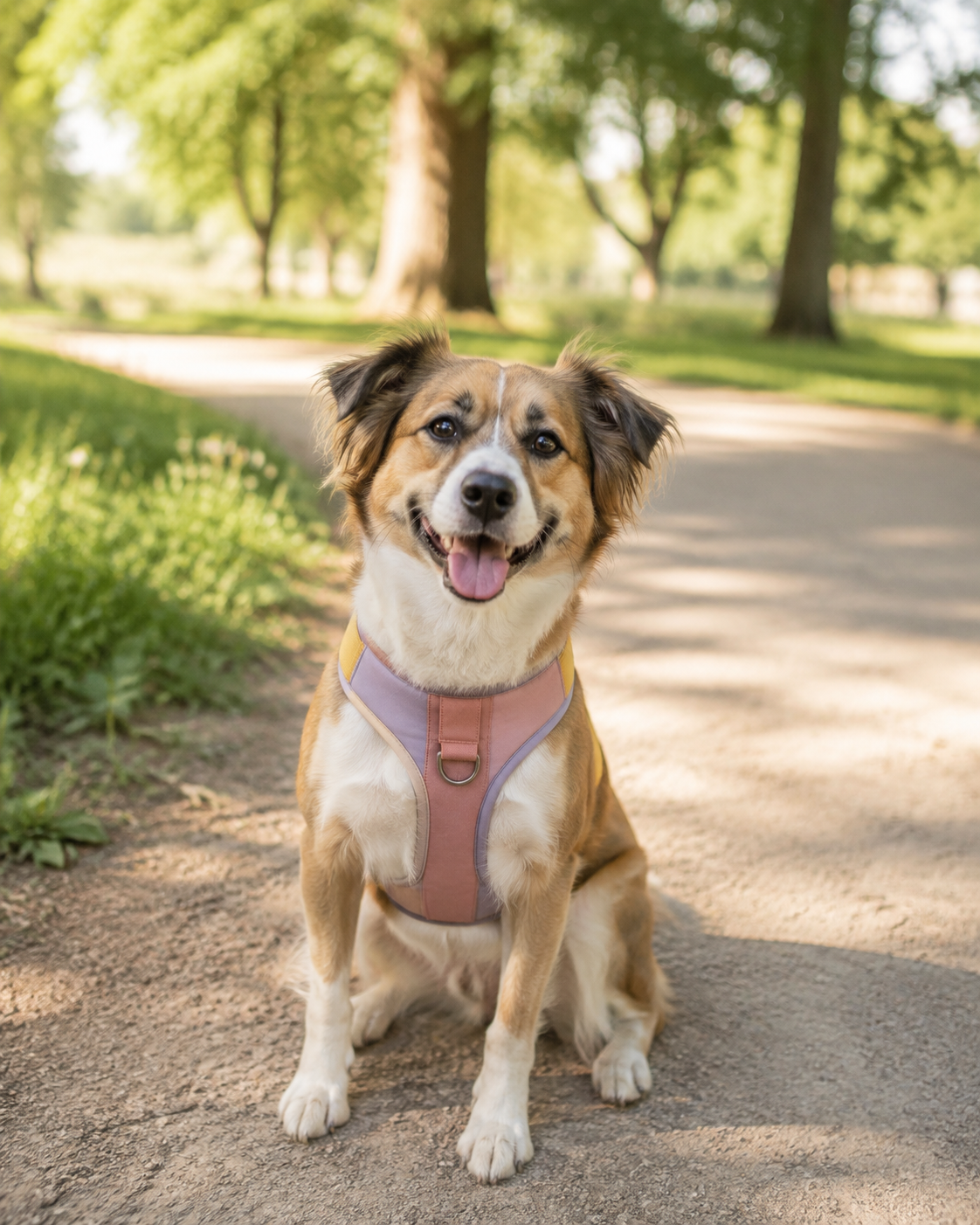 Happy dog wearing a colorful harness in a sunny park