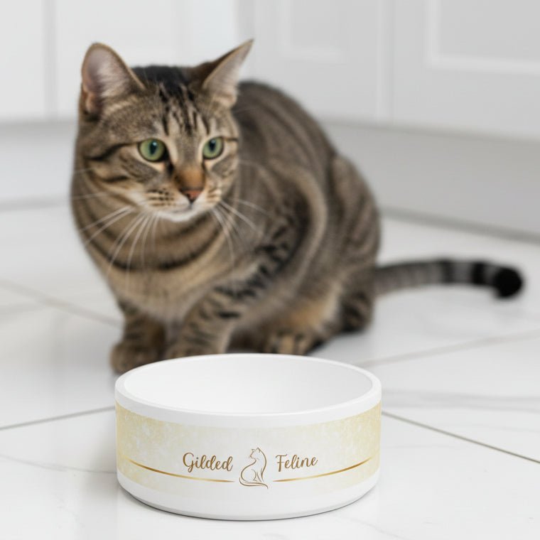 Gilded Feline Ceramic Cat Bowl | 16 oz Modern Gold Cat Design